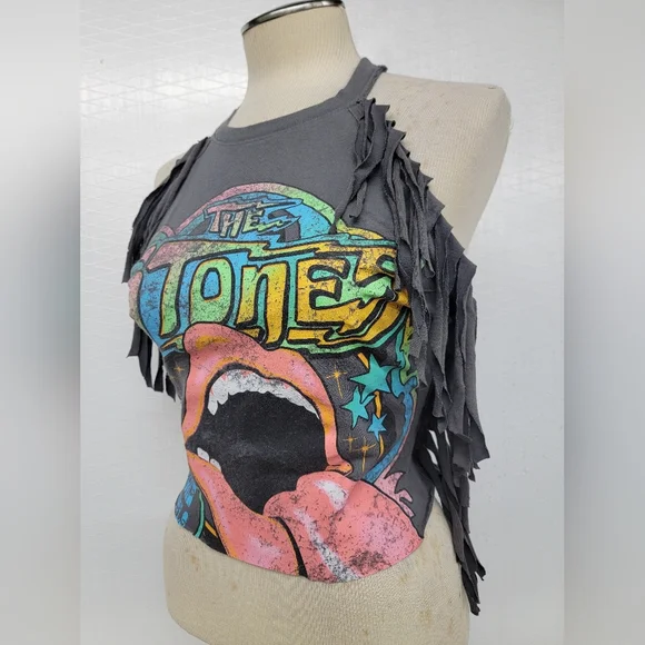 Rolling Stone Fringe Halter Top Upcycled Retro Band Merc - Picture 3 of 7